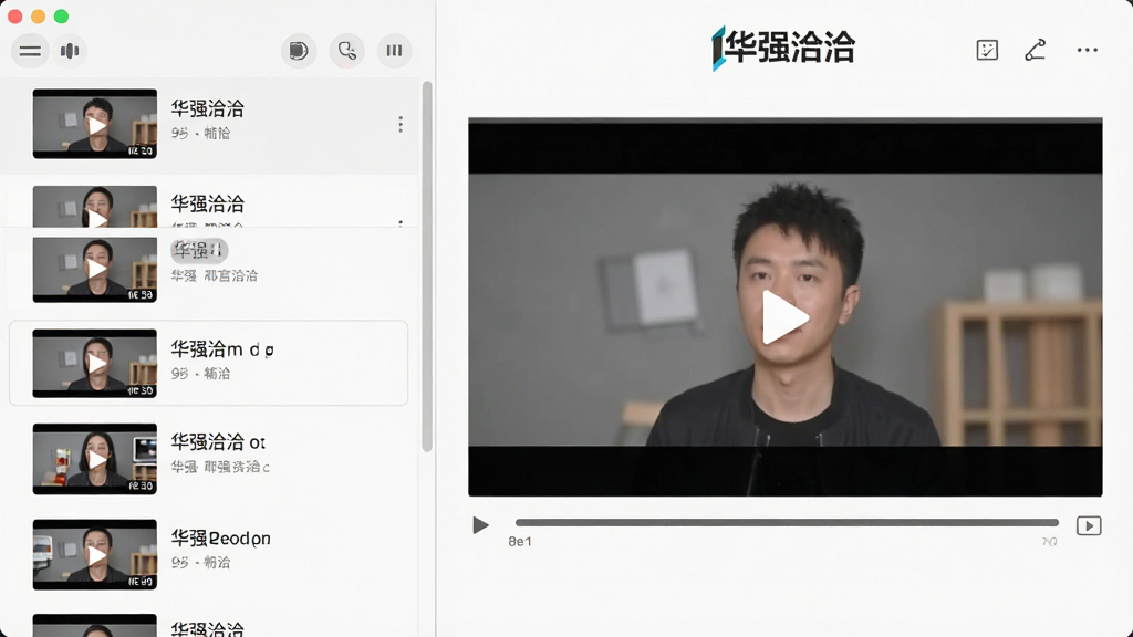 一张展示华强洽洽播放列表管理界面的图片,画面左侧是播放列表区域,列表中显示多个视频文件名称与缩略图,右侧是播放窗口,顶部有“华强洽洽”logo,整体布局清晰,风格为现代简约风,画质高清,干净,无多余元素