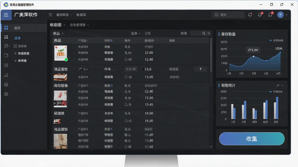 一张展示美萍店铺通管理软件主界面的图片,画面中央是软件操作界面,包含商品列表、库存数量、销售统计图表和收银按钮,布局清晰,排版整齐,风格为现代商务简约风,细节包括菜单栏、数据面板和图标按钮,画质高清,干净,无多余元素