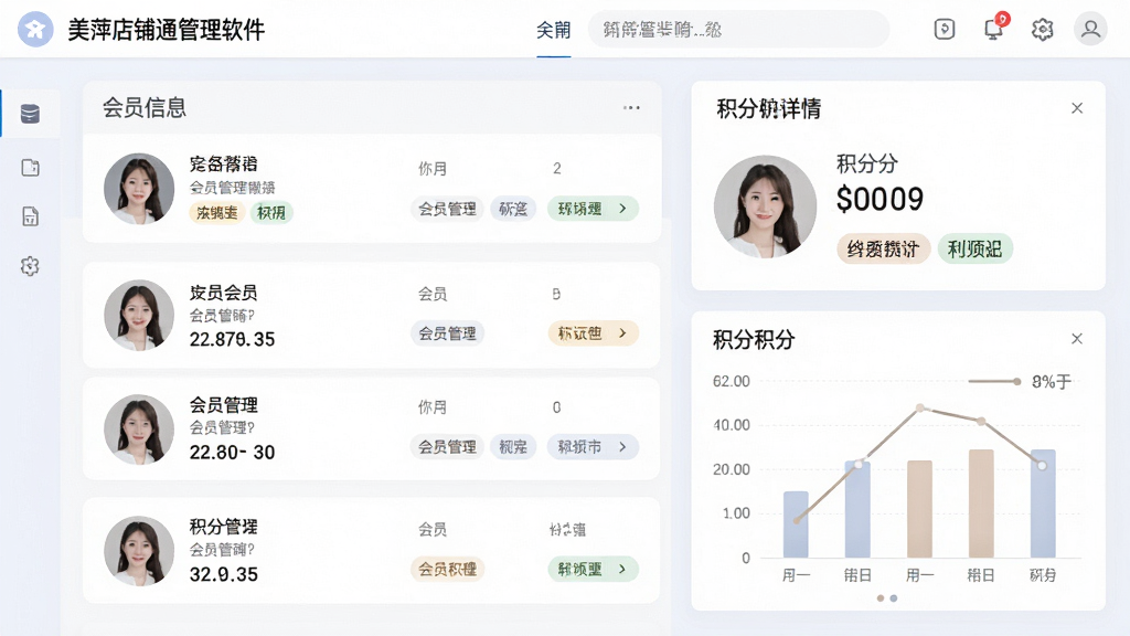 一张展示美萍店铺通管理软件会员管理模块的图片,画面主体是会员信息卡片和积分图表,布局为左侧会员列表、右侧详情面板,排版清晰,风格为柔和商务风,细节包括头像、积分数字和标签分类,画质清晰,干净,无多余元素