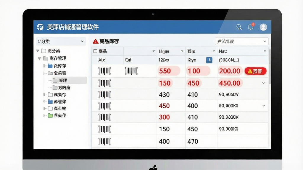 一张展示美萍店铺通管理软件商品库存管理功能的图片,画面主体是电脑屏幕上的库存列表和预警提示,布局为左侧分类树、右侧商品表格,排版简洁,风格为清爽商务风,细节包括条码图标、库存数字和预警红色标记,画质清晰,干净,无多余元素