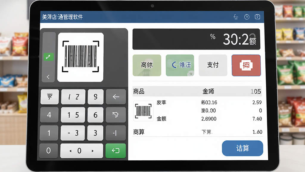 一张展示美萍店铺通管理软件收银界面的图片,画面中央是收银操作面板,包含商品扫码区、金额显示、支付方式图标和打印按钮,布局合理,排版直观,风格为现代零售风,细节包括数字键盘、商品明细和结算按钮,画质高清,干净,无多余元素