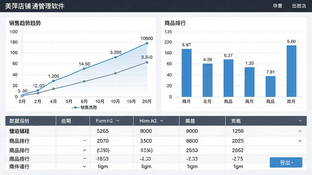 一张展示美萍店铺通管理软件数据报表功能的图片,画面中央是销售趋势折线图和商品排行柱状图,布局为上方图表、下方数据表格,排版专业,风格为数据分析风,细节包括坐标轴、数据标签和导出按钮,画质高清,干净,无多余元素
