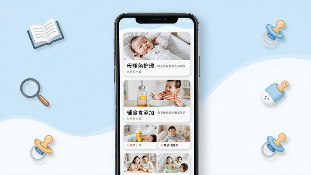 母婴关爱助手育儿知识库界面展示图,画面中央为手机屏幕显示多篇育儿图文卡片,卡片上有婴儿护理、疫苗接种、辅食添加等标题文字,背景为淡蓝色与白色搭配,周围散布书本、放大镜、婴儿奶嘴等小图标,布局整齐,风格清爽干净,高清画质