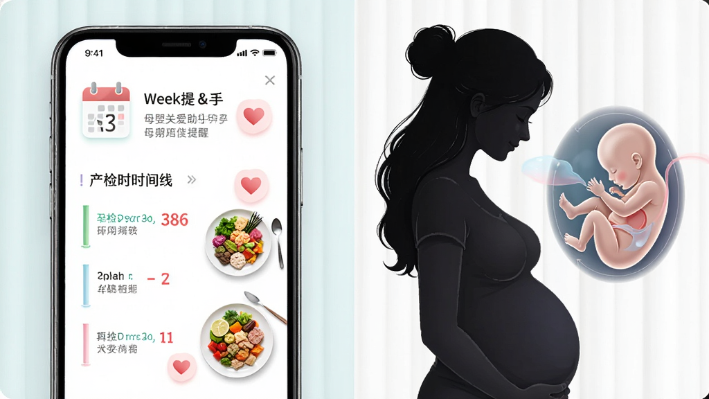 母婴关爱助手孕期陪伴功能展示图,画面左侧为手机屏幕显示孕周提醒与产检时间线,右侧为孕妇侧身剪影与胎儿发育示意图,布局左右分栏,风格清新柔和,细节包含日历图标、爱心标记、营养餐盘等元素,画质清晰,背景干净无杂乱
