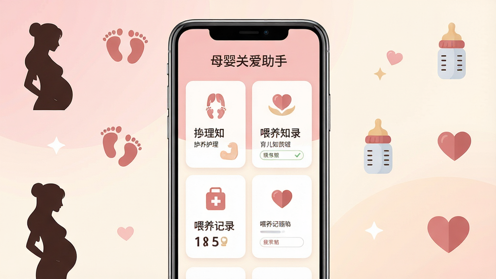 一款名为母婴关爱助手的手机应用界面展示图,画面中央放置一部智能手机,屏幕内呈现孕期护理、育儿知识、喂养记录等模块卡片,背景为柔和的浅粉色与米白色渐变,周围点缀孕妇剪影、婴儿脚印、奶瓶、爱心等扁平化图标元素,整体布局居中对称,风格温馨简约,细节干净利落,无多余杂乱元素,高清画质