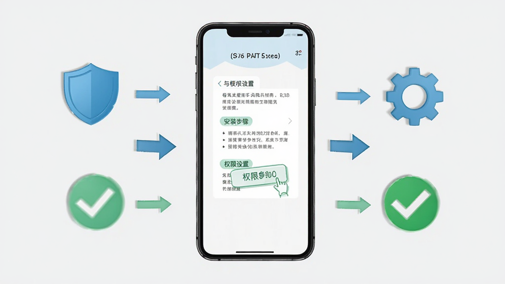 母婴关爱助手使用指南示意图,画面展示手机屏幕显示安装步骤与权限设置界面,旁边有盾牌、齿轮、勾选标记等图标,布局为手机居中、步骤箭头引导,风格简洁明了,细节清晰,背景为浅灰色,干净无杂乱元素