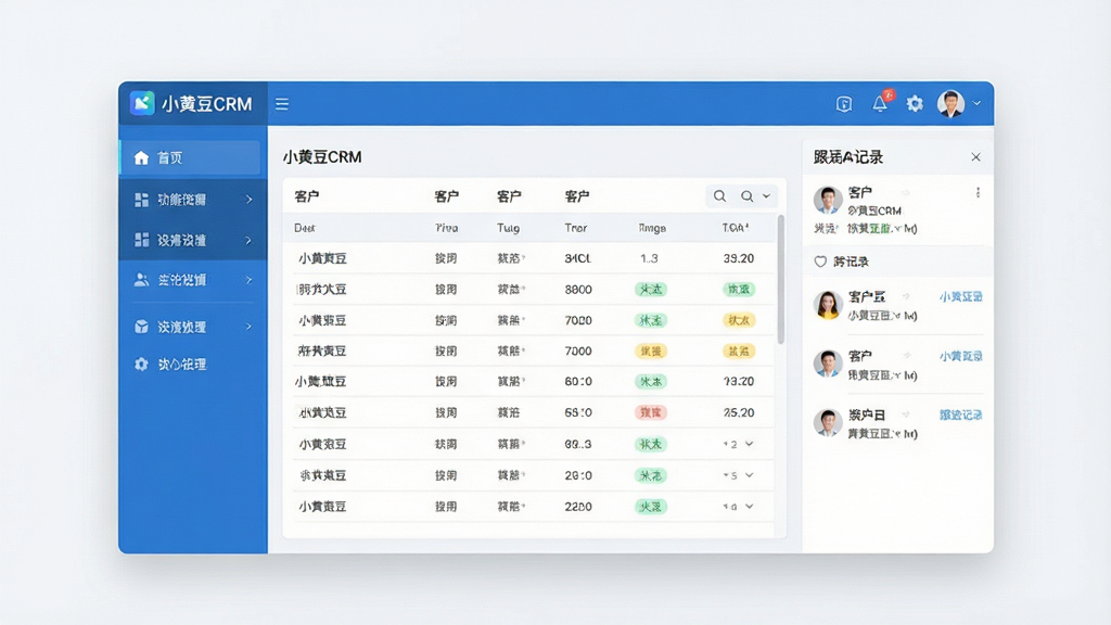 一张商务风格的软件界面展示图,画面中央是“小黄豆CRM”主界面窗口,左侧为功能导航栏,右侧为客户列表与跟进记录面板,整体布局简洁清晰,采用蓝白配色,风格现代专业,细节包含图标、数据表格与状态标签,画质高清,干净整洁,无多余元素。