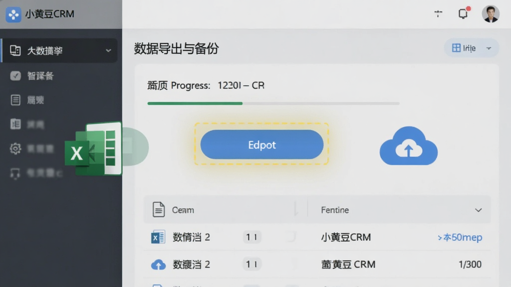 一张展示“小黄豆CRM”数据导出与备份功能的AI生图,画面为软件界面中导出按钮高亮,旁边有Excel表格图标与云备份图标,风格扁平化,浅色背景,布局居中,细节包含进度条与文件列表,画质高清,干净整洁,无多余元素。