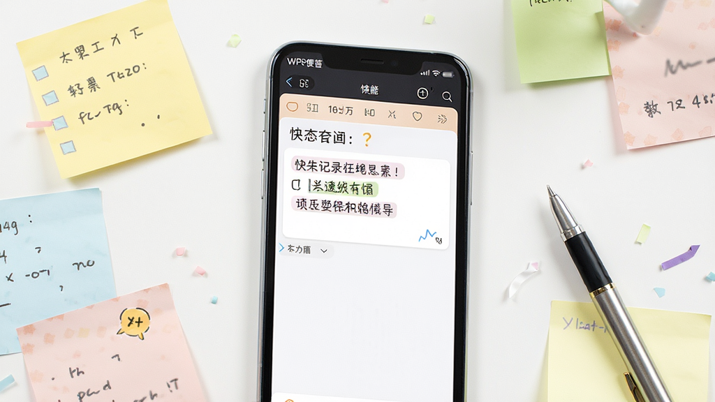 WPS便签快速记录功能展示图,画面中手机屏幕显示正在输入待办事项,周围有便签纸和笔的装饰元素,风格清新明亮,布局简洁,画质干净无多余元素