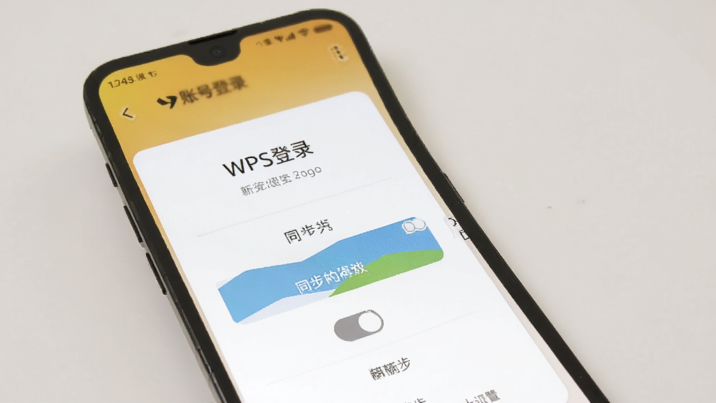 WPS便签新手设置界面示意图,手机屏幕显示账号登录与同步开关,风格简洁明了,布局清晰,画质干净无多余元素