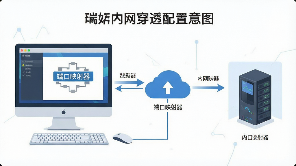 一张展示端口映射器进行内网穿透配置的示意图,画面中一台电脑通过软件界面连接到云服务器节点,再延伸至另一台内网设备,用箭头标注数据流向,风格为扁平化科技插画,细节包含“端口映射器”文字标识,画质清晰,干净无多余元素