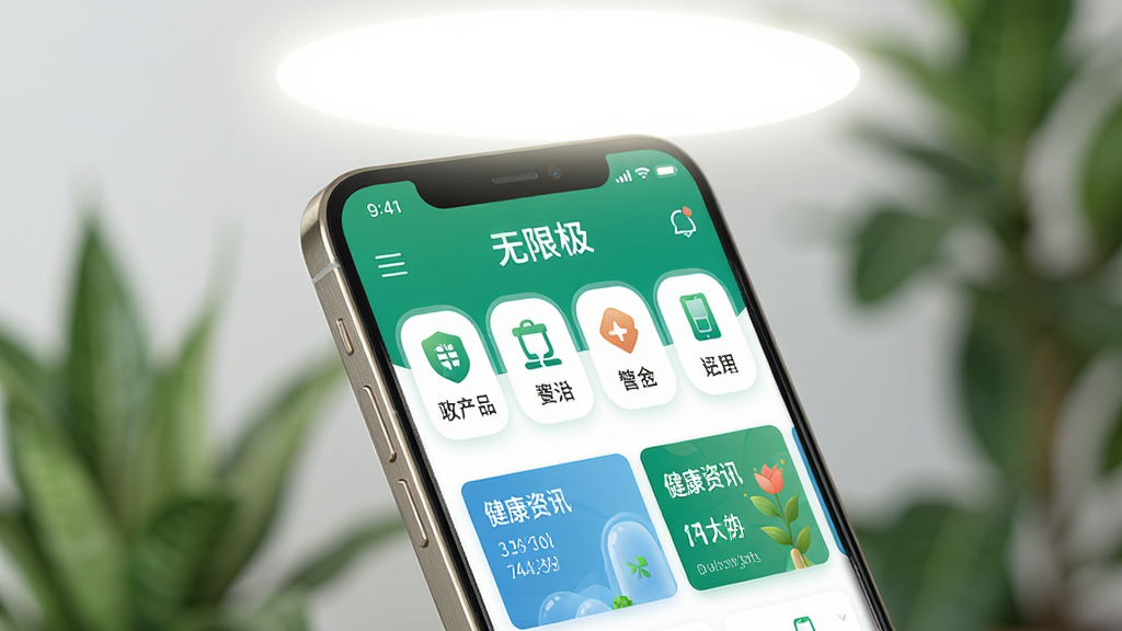 主体为一部智能手机,屏幕显示无限极App的首页界面,包含产品分类图标与健康资讯卡片;布局采用居中构图,手机微微倾斜展示;排版简洁,上方留白放置柔和光晕;风格为现代科技感与健康生活融合的扁平化设计;细节包括手机边框的金属质感、屏幕内图标清晰可见、背景有淡淡的绿色植物虚化元素;画质为高清4K,干净无多余元素,无杂乱文字。