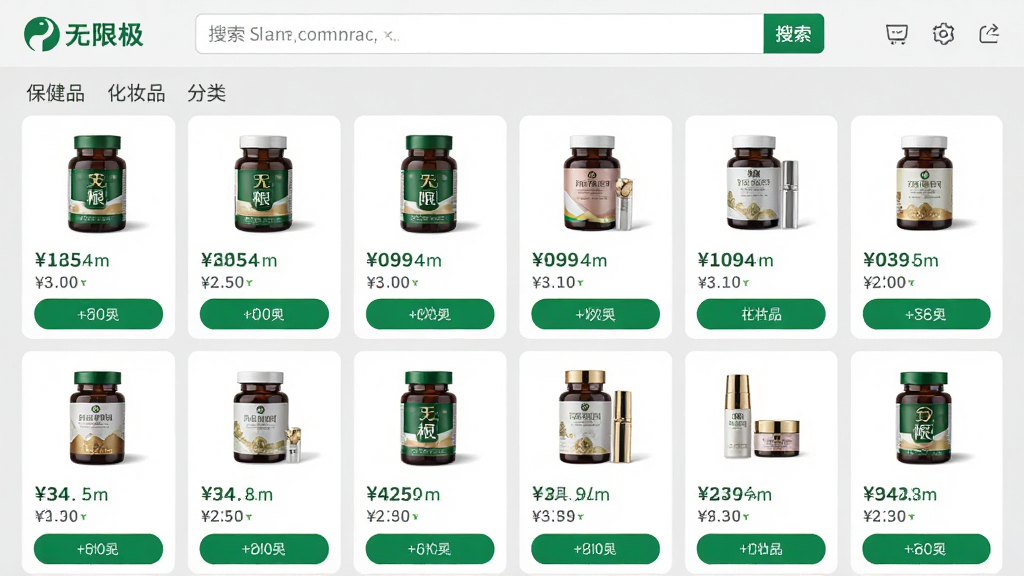 主体为无限极App商城页面截图,展示保健品与化妆品分类列表;布局采用上下结构,顶部搜索栏,中部商品网格排列;排版整齐,商品卡片带有价格标签与购买按钮;风格为清新简约的电商界面风格;细节包括商品图片清晰、按钮颜色为无限极品牌绿色、背景为浅灰色;画质高清,干净无多余元素,无杂乱文字。
