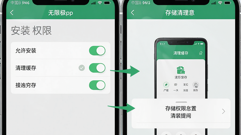 主体为手机屏幕显示无限极App的安装权限设置界面与存储空间提示;布局采用左右分屏,左侧为权限开关,右侧为存储清理示意;排版清晰,箭头指示操作步骤;风格为手机系统设置界面风格;细节包括绿色对勾图标、灰色背景、文字标注“允许安装”“清理缓存”;画质高清,干净无多余元素。