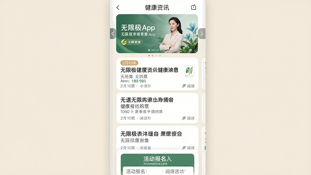 主体为无限极App健康资讯页面,展示文章列表与活动报名入口;布局采用上下滚动式排版,顶部为轮播图,下方为资讯卡片;排版清晰,标题与摘要层次分明;风格为健康生活类资讯界面,色调柔和;细节包括卡片圆角设计、日期与阅读量小字标注、背景为淡米色;画质高清,干净无多余元素。