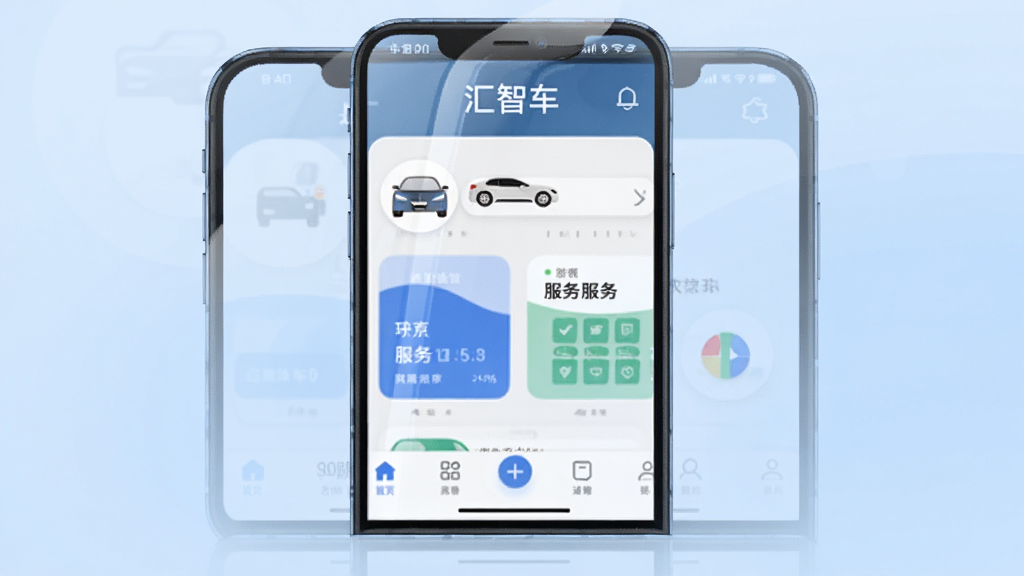 主体为一部智能手机居中摆放,屏幕内展示“汇智车”应用主界面,界面包含车辆图标、服务卡片和底部导航栏,布局采用上下分层结构,背景为浅蓝色渐变,风格为现代科技简约风,细节上屏幕有轻微反光、图标边缘清晰,画质高清干净无多余元素