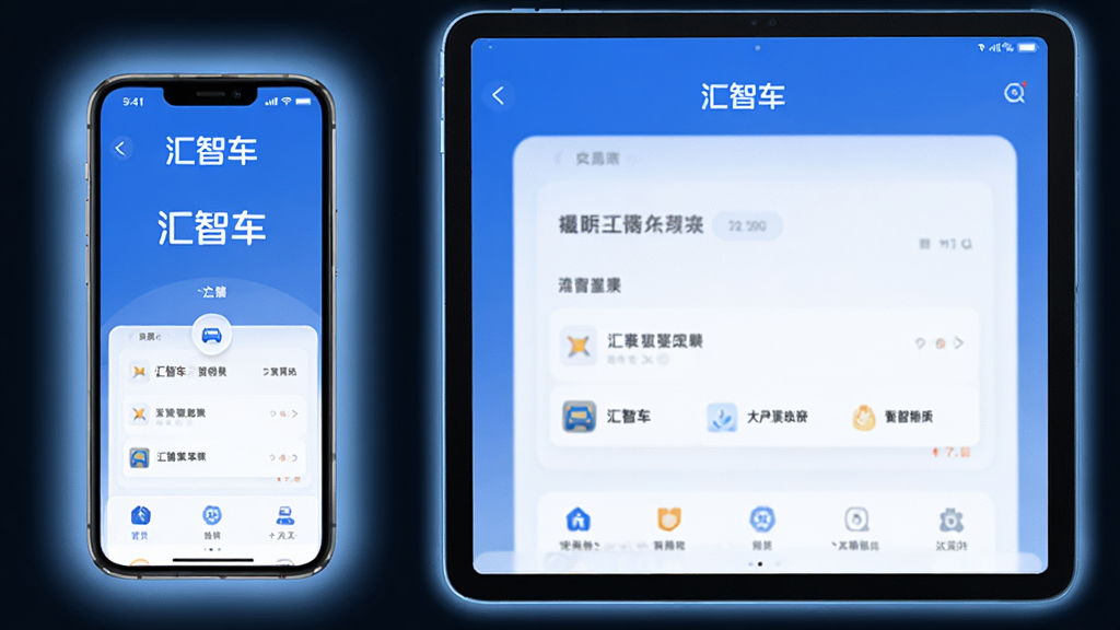 主体为两台设备并排展示,左侧手机和右侧平板屏幕均显示“汇智车”界面且内容一致,布局为左右对称,风格为科技蓝调,细节上设备边缘有柔光、屏幕内容清晰,画质高清干净无多余元素