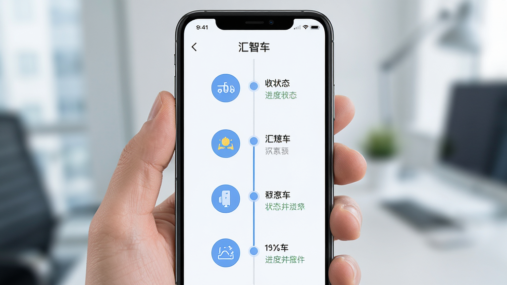 主体为手机界面展示“汇智车”进度时间轴页面,布局为纵向时间轴居中排列,风格为清爽浅色商务风,细节上每个节点配有圆形图标和状态文字,画质高清干净无多余元素