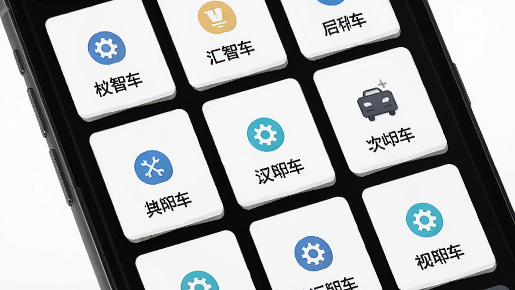 主体为手机屏幕特写,屏幕中展示“汇智车”功能卡片网格排列,布局为三列卡片整齐分布,风格为扁平化设计,细节上卡片带有淡色阴影、图标简洁明了,画质高清干净无多余元素