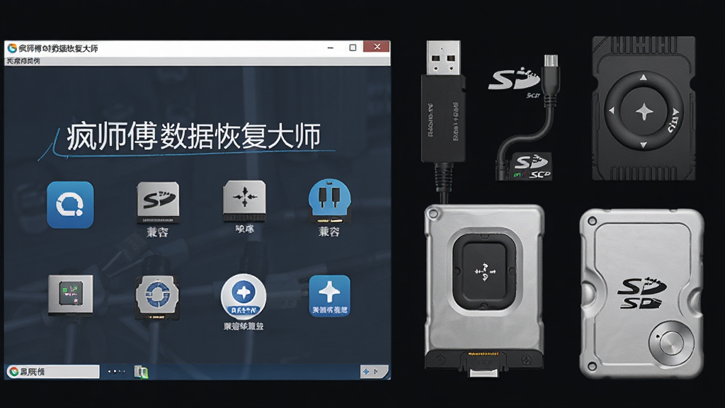 一张展示疯师傅数据恢复大师兼容多种存储设备的图片,主体为软件界面与多种存储设备并排展示,布局为左侧软件窗口、右侧U盘SD卡移动硬盘等设备,排版整齐,风格为简约商务,细节包括设备图标、连接线、兼容标识,画质高清,干净,无多余元素