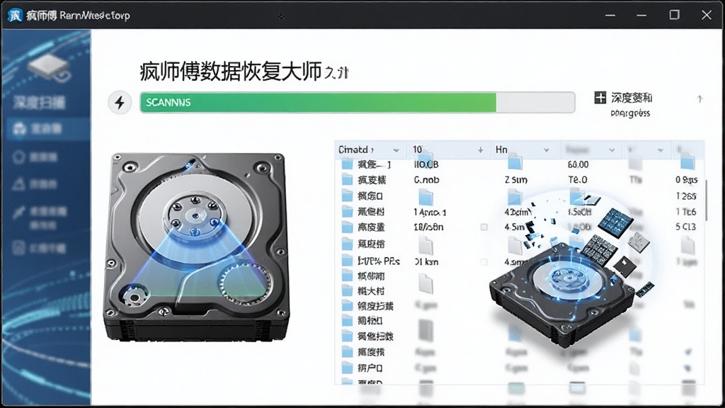 一幅AI生图提示词描述的画面,主体是疯师傅数据恢复大师软件正在对硬盘进行深度扫描,布局为软件界面中央显示扫描进度条和文件列表,排版简洁,风格为专业科技风格,细节包括硬盘图标、扫描光线、数据碎片重组动画,画质高清,干净,无多余元素
