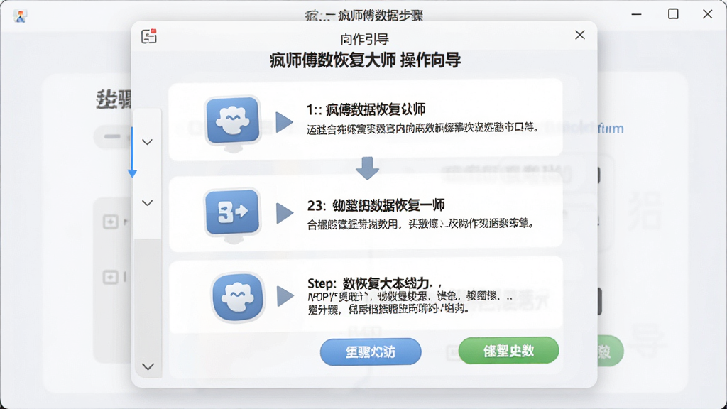 一张展示疯师傅数据恢复大师操作向导界面的图片,主体为软件操作步骤引导窗口,布局为从上到下依次排列的三个步骤图标与说明文字,排版简洁明了,风格为友好易用风格,细节包括步骤编号、箭头指示、操作按钮,画质高清,干净,无多余元素