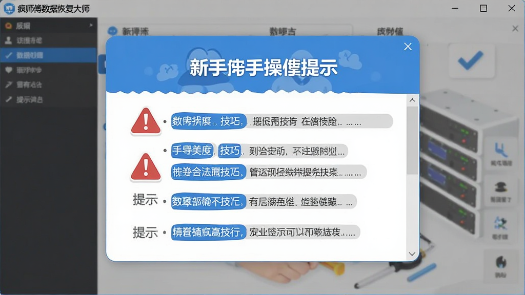 一幅AI生图提示词描述的画面,主体是疯师傅数据恢复大师软件的新手操作提示弹窗,布局为软件界面中央显示醒目的注意事项列表,排版清晰,风格为友好提示风格,细节包括红色警告图标、蓝色技巧标签、灰色提示文字,画质高清,干净,无多余元素