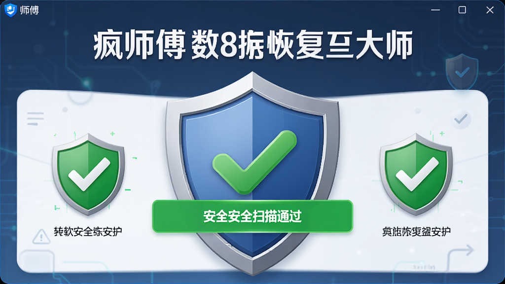 一幅AI生图提示词描述的画面,主体是疯师傅数据恢复大师软件的安全防护标识与盾牌图标,布局为软件界面中央显示安全扫描通过提示,排版简洁,风格为安全可靠风格,细节包括盾牌、对勾、绿色安全标识,画质高清,干净,无多余元素
