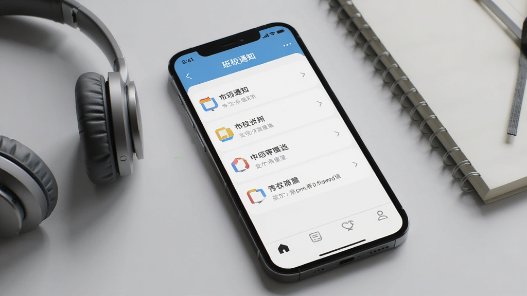 一张展示微校时光APP在手机端运行界面的生成图片,画面为一部竖屏手机,屏幕显示班级通知列表和底部导航栏,手机旁边放置一副耳机和一本笔记本,背景为浅灰色桌面,风格为产品展示风,细节清晰,画质干净,无多余元素