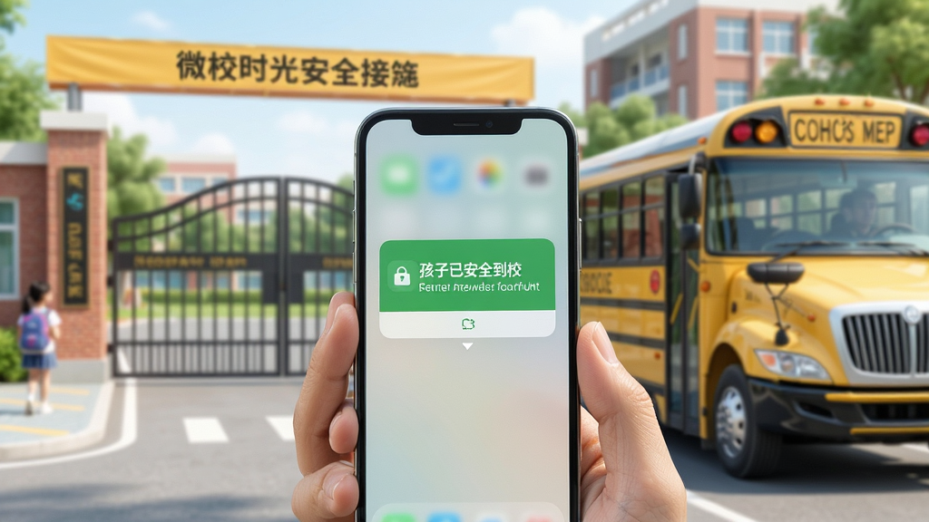 一张表现微校时光安全接送功能的AI生成图片,画面展示一位家长手机屏幕上弹出「孩子已安全到校」的通知卡片,背景是学校大门与校车,画面风格为写实科技风,色调明亮清新,细节清晰,画质干净,无多余元素