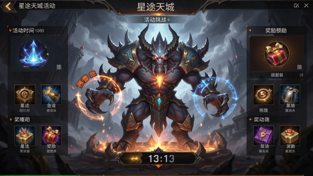 画面主体是星途天城活动挑战界面,布局为中央展示巨型BOSS,四周环绕活动时间与奖励预览,排版上BOSS占据视觉中心,风格为史诗奇幻战斗场景,细节包含BOSS技能预警圈、倒计时、奖励图标,画质震撼干净,无多余元素。