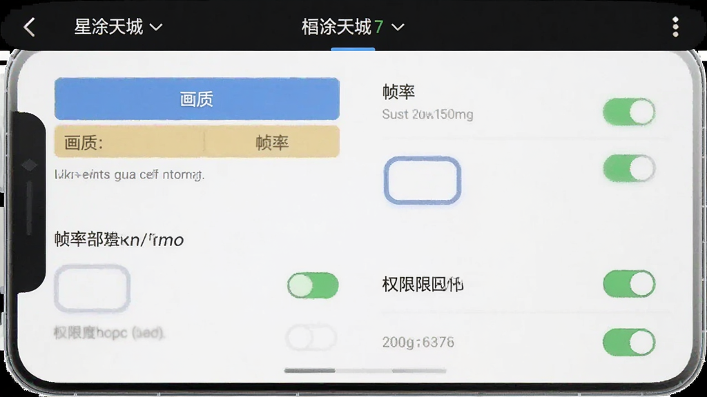 画面主体是星途天城手机端设置界面,布局为竖屏手机屏幕,排版上显示画质选项、帧率选项与权限开关,风格为游戏设置UI截图,细节包含选项按钮、说明文字、开关状态,画质清晰干净,无多余元素。