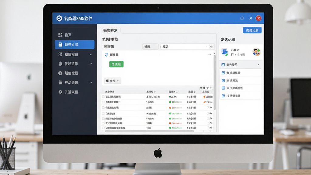 名商通SMS软件界面全貌展示,主体为电脑屏幕中央打开的短信群发平台窗口,布局左侧为功能导航栏、右侧为短信编辑与发送记录区域,排版清晰整齐,风格为现代商务简约风,细节包含蓝色主色调按钮、白色背景、数据表格与图标元素,画质高清干净无多余元素