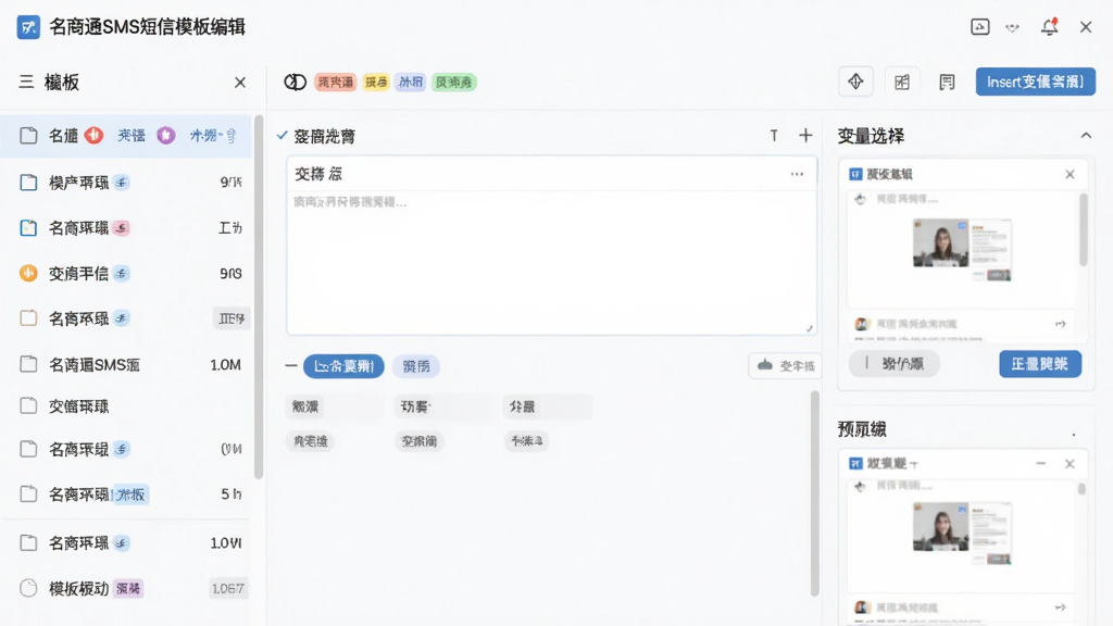 名商通SMS短信模板编辑界面,主体为模板内容编辑框与变量选择面板,布局左侧为模板列表、右侧为编辑区域,排版清晰,风格为清爽办公风,细节包含彩色标签、插入变量按钮、预览窗口,画质高清干净无多余元素