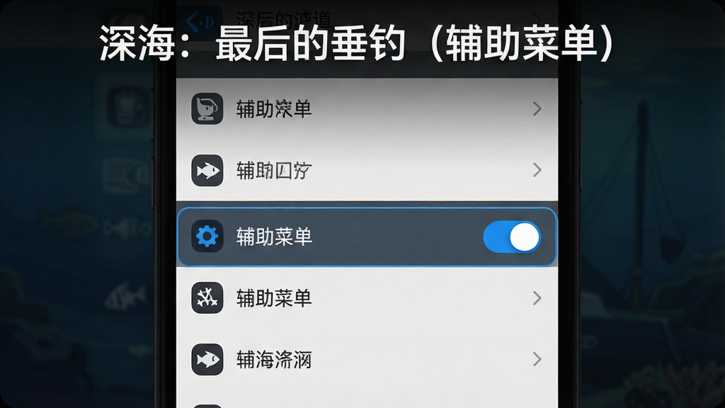 画面主体是一个手机屏幕截图风格的画面,展示游戏设置菜单界面,其中有一项被高亮标注为“辅助菜单”的选项,旁边有一个开启/关闭的开关按钮;布局采用居中构图,菜单列表垂直排列,辅助菜单选项位于中间位置;排版清晰整洁,背景为深色半透明;风格为简洁的移动端UI设计风格,色彩以深灰、白色和蓝色高亮为主;细节方面,菜单项有图标和文字说明,开关按钮呈蓝色激活状态;画质高清,画面干净,无多余元素,画面顶部居中位置用白色字体写着“深海:最后的垂钓(辅助菜单)”。