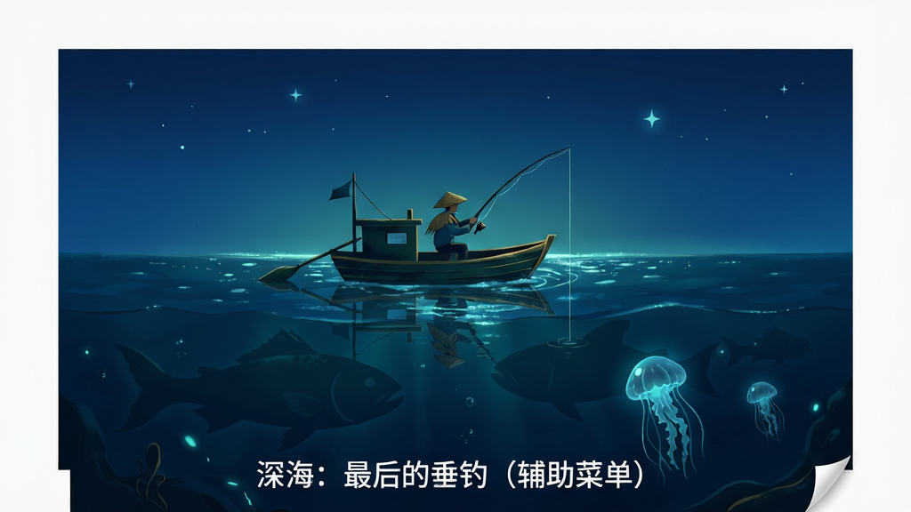 画面主体是一艘漂浮在深蓝色海面上的小渔船,船上一名戴着斗笠的垂钓者正握着鱼竿,鱼线垂直落入泛着微光的深海之中;布局采用中心构图,渔船位于画面中央偏下,上方是渐变的深蓝色天空与几颗若隐若现的星星;排版简洁大气,画面四周留有适当留白;风格为唯美奇幻的2D插画风格,色彩以深蓝、墨绿和暗金为主;细节方面,海面有细碎的波纹和倒影,深海处隐约可见巨大的鱼类剪影和发光的水母;画质高清,画面干净,无多余元素,图片下方居中位置用白色字体写着“深海:最后的垂钓(辅助菜单)”。