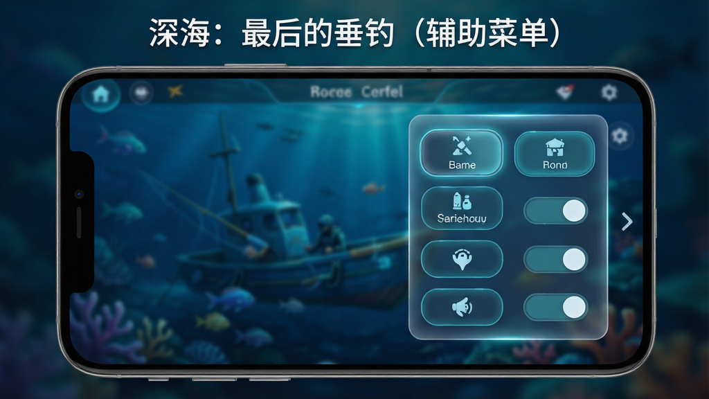 画面主体是一部智能手机的屏幕特写,屏幕上显示着一款深海钓鱼游戏的界面,画面中央悬浮着一个半透明的辅助菜单面板,面板上排列着多个功能按钮和开关选项;布局采用居中构图,手机位于画面正中央,背景是模糊的深海蓝色调;排版清晰,菜单面板位于屏幕右侧,不遮挡游戏主画面;风格为科技感与奇幻感结合的UI界面风格,色彩以深蓝、青色和白色为主;细节方面,菜单面板有圆角设计和微弱的发光边缘,按钮上有简洁的图标和文字标识;画质高清,画面干净,无多余元素,屏幕上方居中位置用白色字体写着“深海:最后的垂钓(辅助菜单)”。