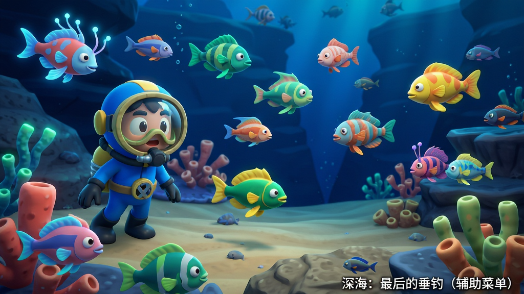 画面主体是一个穿着潜水服的卡通角色站在深海海底,周围环绕着各种色彩斑斓的奇异鱼类和发光的珊瑚礁;布局采用三分法构图,角色位于画面左侧三分之一处,右侧展现广阔的深海场景;排版富有层次感,前景是珊瑚和鱼类,中景是角色,远景是深邃的海沟;风格为色彩鲜艳的卡通渲染风格,色彩以宝蓝、珊瑚红、翠绿和亮黄为主;细节方面,鱼类造型各异,有的带有发光触须,有的呈扁平状,海底有沙地和岩石纹理;画质高清,画面干净,无多余元素,画面右下角用白色字体写着“深海:最后的垂钓(辅助菜单)”。