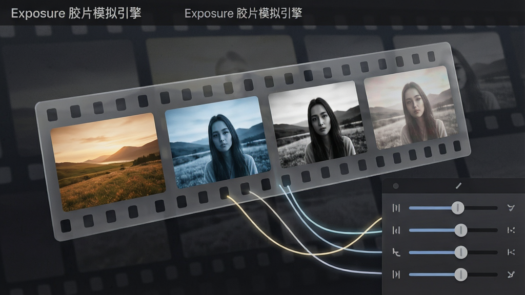 一张特写视角的软件界面截图风格插画,标题为“Exposure 胶片模拟引擎”。画面主体是一个悬浮的半透明胶片条,每一格胶片框内显示不同风格的风景或人像缩略图,从左到右依次呈现暖调、冷调、黑白和褪色效果。胶片条下方延伸出几条发光的曲线,连接到右侧的滑块控制面板。背景是深灰色渐变,带有细微的胶片颗粒纹理。画质清晰锐利,风格偏向科技感与艺术感结合,无杂乱元素。