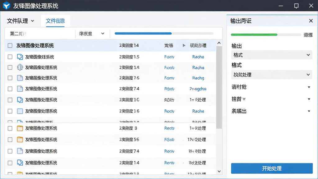 友锋图像处理系统批量处理功能界面,主体为文件列表与参数设置面板,布局左侧文件队列右侧输出选项,排版规整,风格商务简洁,细节包含进度条、格式下拉菜单、开始处理按钮,画质高清,干净,无多余元素