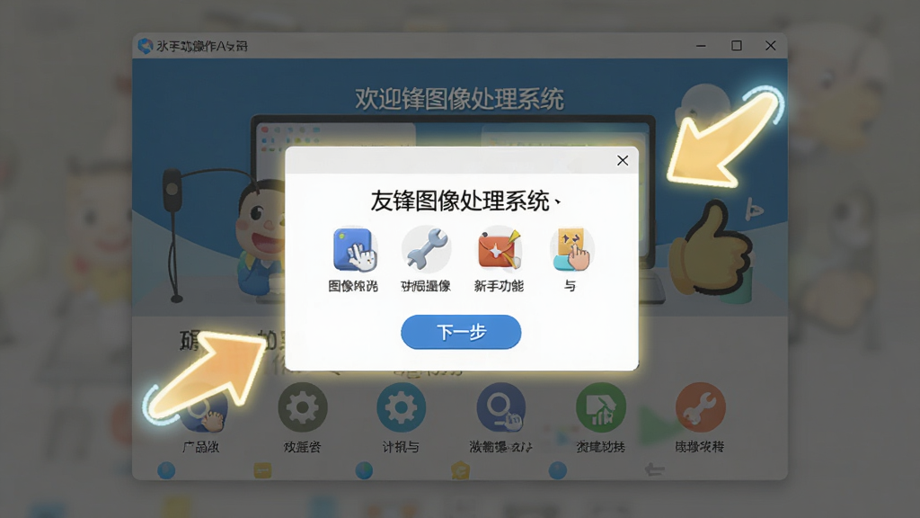 友锋图像处理系统新手操作引导界面,主体为软件欢迎窗口与功能引导箭头,布局中央弹窗周围高亮提示,排版友好,风格亲切明快,细节包含下一步按钮、功能图标说明,画质高清,干净,无多余元素