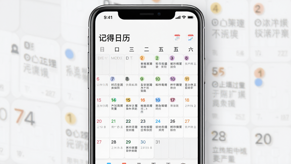 一张展示“记得日历”应用主界面的生图,画面主体是手机屏幕显示月历视图,日期格子里有彩色圆点标记和简短文字备注,屏幕上方有“记得日历”字样,布局为手机正面居中展示,风格为现代扁平化UI设计,细节包括柔和的阴影和清晰的图标,画质高清,干净无多余元素