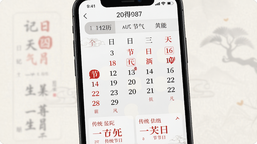 一张展示“记得日历”农历与节气功能的生图,画面主体是手机屏幕显示农历日历视图,日期下方标注了节气名称和传统节日,屏幕上方有年份和月份选择栏,布局为手机正面展示,风格为中国风简约设计,细节包括红色节日标注和农历小字,画质高清,干净无多余元素