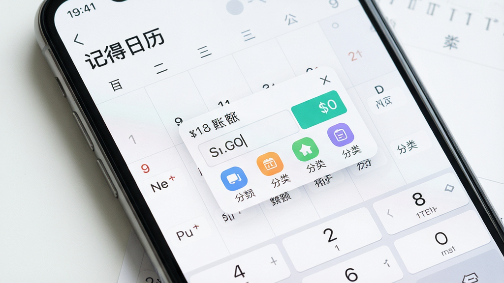一张展示“记得日历”记账功能的生图,画面主体是手机屏幕显示日历视图,某一天上弹出了记账小窗口,窗口内有金额输入框和分类图标,背景是简洁的日历界面,布局为手机屏幕特写,风格为清新浅色UI设计,细节包括数字键盘和分类标签,画质高清,干净无多余元素