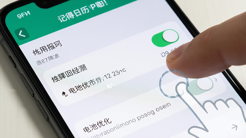 一张展示“记得日历”使用技巧的生图,画面主体是手机屏幕显示设置界面,界面中有权限开关和电池优化选项,旁边有手指点击的示意,布局为手机屏幕特写,风格为写实UI风格,细节包括清晰的设置项文字和开关按钮,画质高清,干净无多余元素