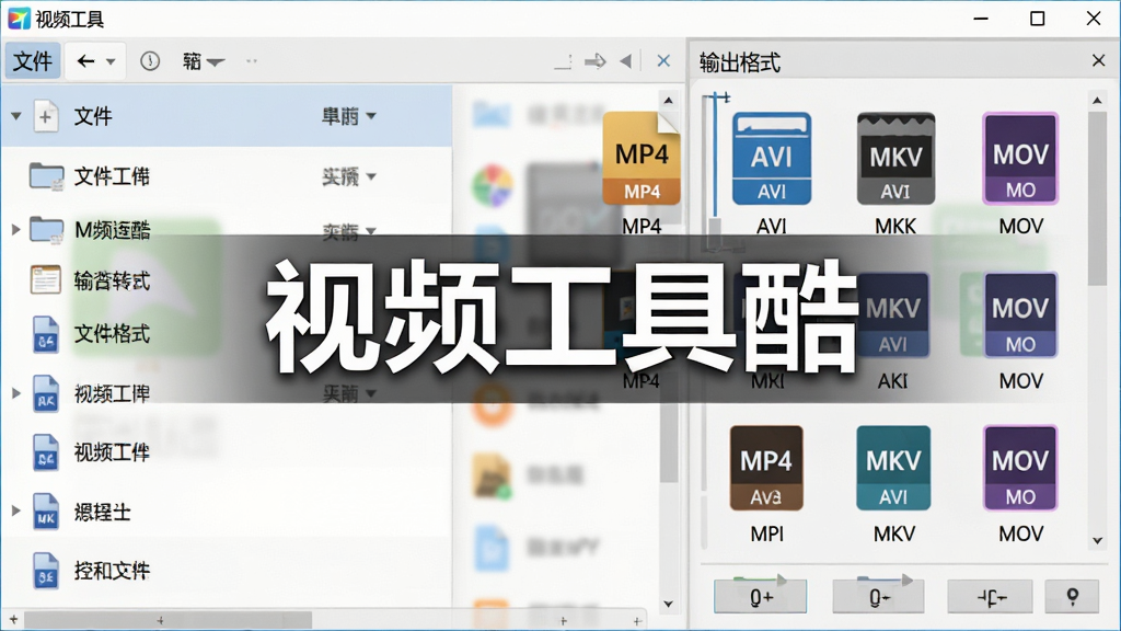 视频工具酷格式转换功能展示,主体为软件转换界面截图风格,布局左侧为文件列表,右侧为输出格式选择区,排版上下结构,风格简洁商务,细节包含多种格式图标MP4、AVI、MKV、MOV,画面中带“视频工具酷”文字标识,画质清晰,画面干净,无多余元素