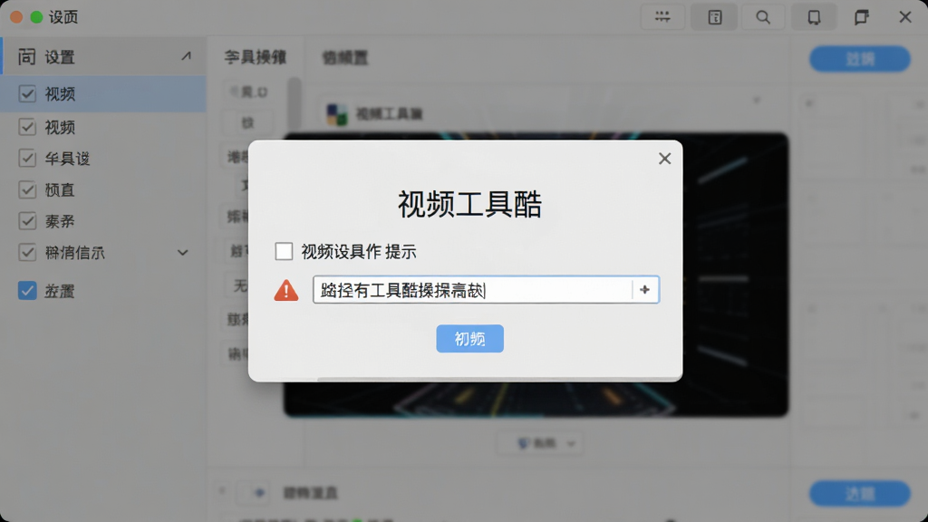 视频工具酷操作提示界面,主体为软件设置面板与提示弹窗,布局为居中弹窗覆盖在软件界面上,排版简洁,风格浅灰质感,细节包含勾选框、路径选择框、警告图标,画面中出现“视频工具酷”文字,画质清晰,画面干净,无多余元素