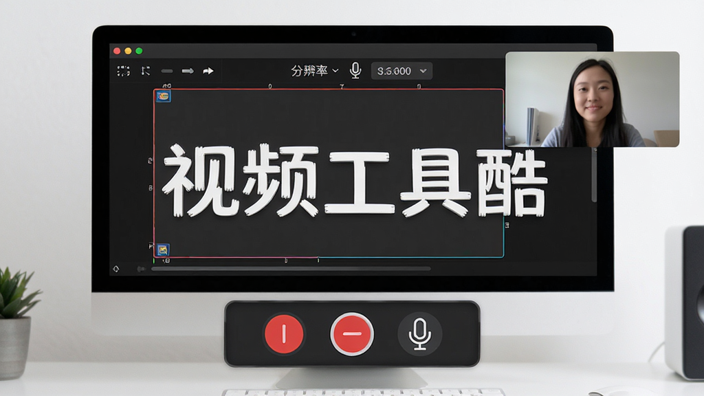 视频工具酷录屏功能展示,主体为电脑屏幕录制场景,布局为录屏控制条与摄像头画中画窗口,排版上下结构,风格现代简约,细节包含红色录制按钮、麦克风图标、分辨率选项,画面中出现“视频工具酷”文字,画质高清,画面干净,无多余元素