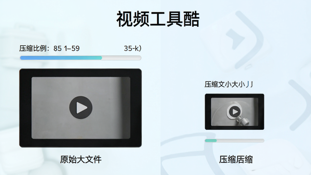 视频工具酷视频压缩功能示意,主体为压缩前后文件大小对比图,布局左右对比排版,左侧为原始大文件,右侧为压缩后小文件,风格清新浅色,细节包含进度条、压缩比例数字、视频缩略图,画面中出现“视频工具酷”字样,画质高清,画面干净,无多余元素