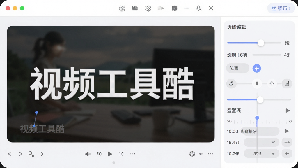 视频工具酷水印编辑界面,主体为视频画面叠加文字水印的效果,布局为软件操作面板与视频预览并排,排版清晰,风格柔和圆角,细节包含水印透明度滑块、位置拖拽手柄、时间轴标记,画面中带“视频工具酷”文字,画质细腻,画面干净,无多余元素